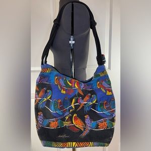 Laurel Burch Vintage Tote Handbag Birds Canvas Shoulder Bag Wooden Painted Bead